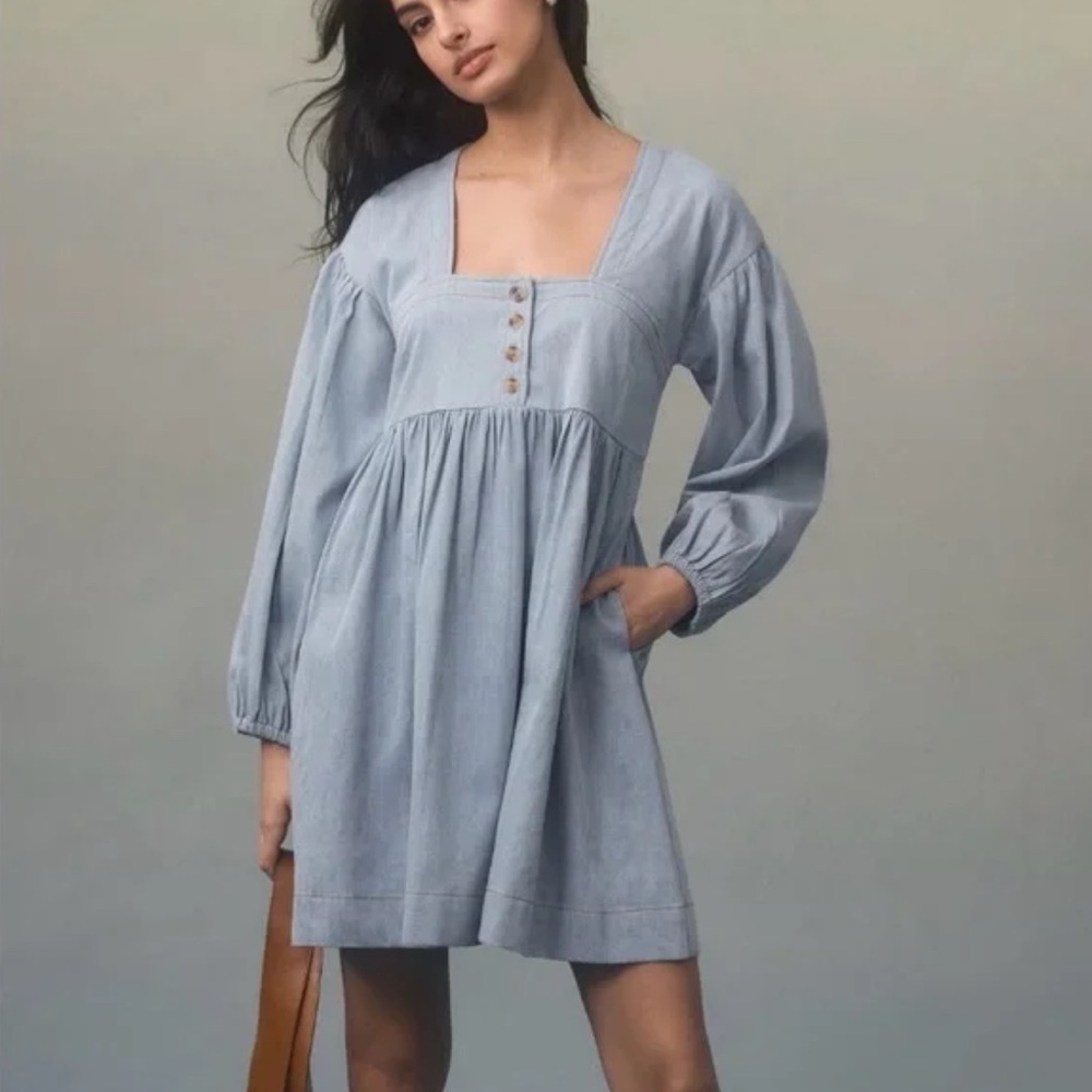 Anthropologie Square Neck Long Sleeve Denim Mini Dress